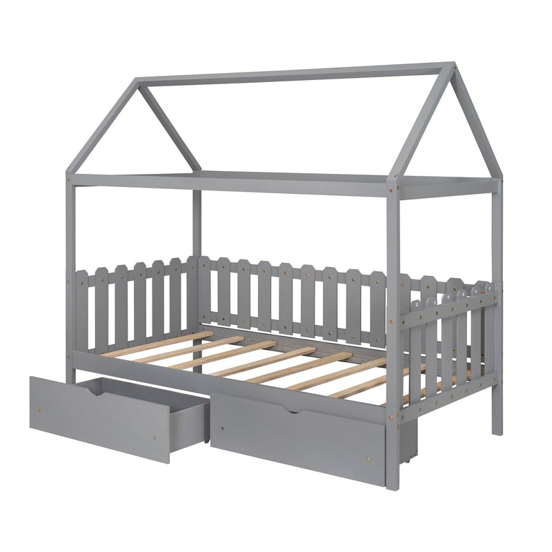 Twin Size House Bed with drawers, Fence-shaped Guardrail, Gray - Supfirm