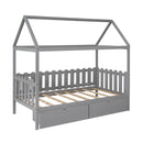 Twin Size House Bed with drawers, Fence-shaped Guardrail, Gray - Supfirm