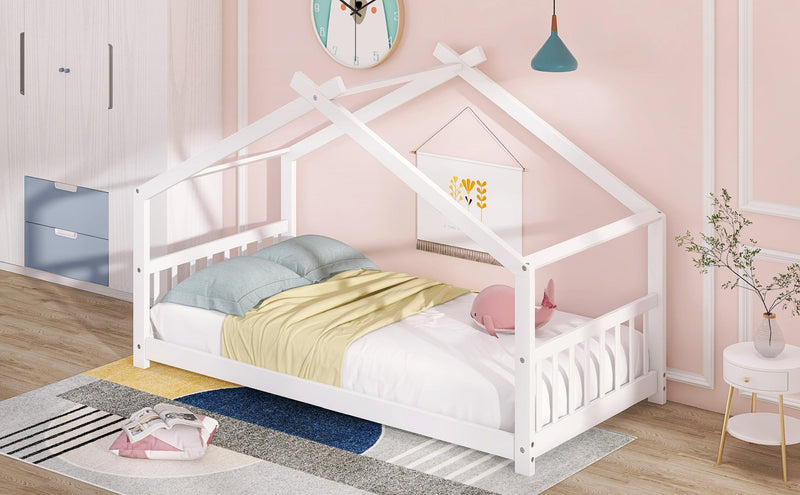 Twin Size House Bed Wood Bed, White - Supfirm