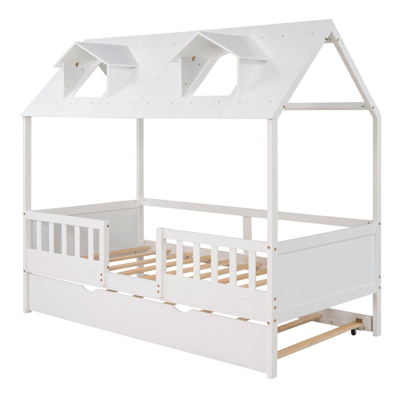 Twin Size House Bed Wood Bed with Twin Size Trundle ( White ) - Supfirm