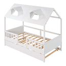 Twin Size House Bed Wood Bed with Twin Size Trundle ( White ) - Supfirm