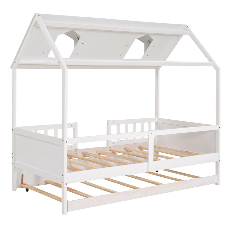 Twin Size House Bed Wood Bed with Twin Size Trundle ( White ) - Supfirm