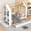 Twin Size House Platform Bed with Storage Shelves and Twin Size Trundle, White - Supfirm