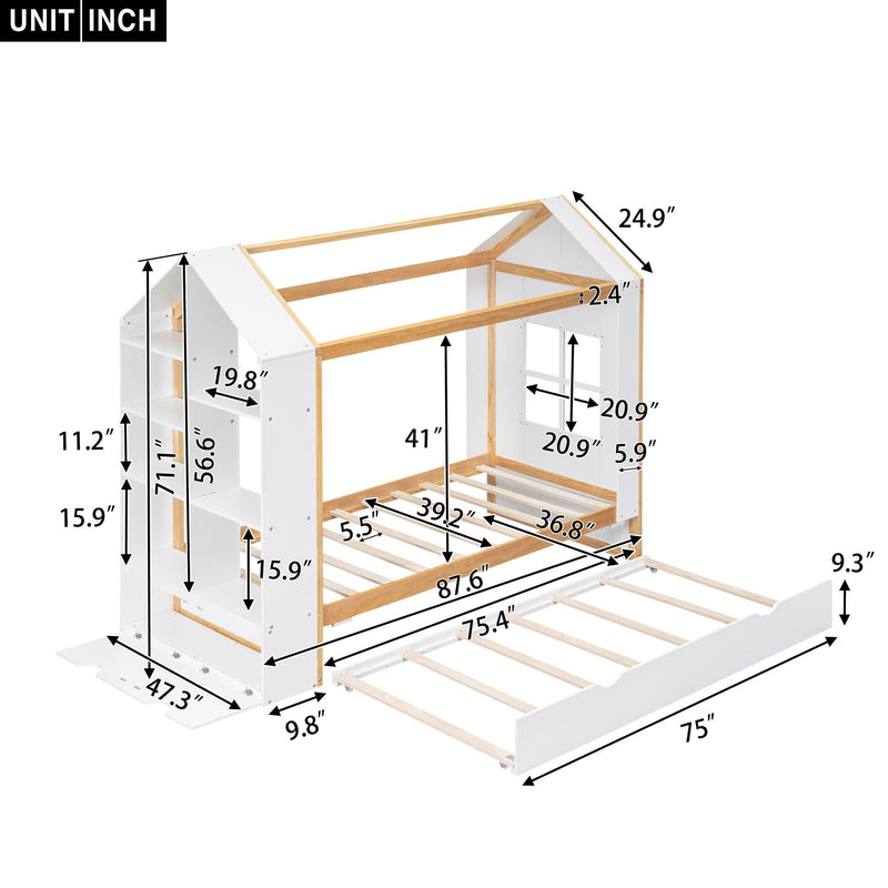 Twin Size House Platform Bed with Storage Shelves and Twin Size Trundle, White - Supfirm