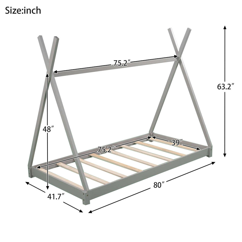 Twin Size House Platform Bed with Triangle Structure,Gray - Supfirm