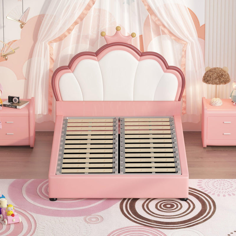 Twin Size Kids Bed Frame with crown Shaped Headboard,Children Twin Platform Bed Frame with Luxury PU leather, Cute Single Twin Bed for Girls Boys - Supfirm