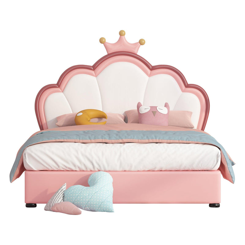 Twin Size Kids Bed Frame with crown Shaped Headboard,Children Twin Platform Bed Frame with Luxury PU leather, Cute Single Twin Bed for Girls Boys - Supfirm