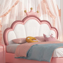 Twin Size Kids Bed Frame with crown Shaped Headboard,Children Twin Platform Bed Frame with Luxury PU leather, Cute Single Twin Bed for Girls Boys - Supfirm