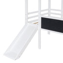 Twin Size Loft Bed with Ladder and Slide, House Bed with Blackboard and Light Strip on the Roof, White - Supfirm