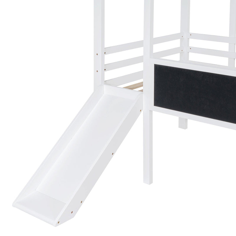 Twin Size Loft Bed with Ladder and Slide, House Bed with Blackboard and Light Strip on the Roof, White - Supfirm