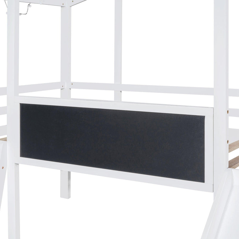 Twin Size Loft Bed with Ladder and Slide, House Bed with Blackboard and Light Strip on the Roof, White - Supfirm