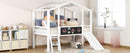 Twin Size Loft Bed with Ladder and Slide, House Bed with Blackboard and Light Strip on the Roof, White - Supfirm