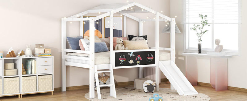 Twin Size Loft Bed with Ladder and Slide, House Bed with Blackboard and Light Strip on the Roof, White - Supfirm