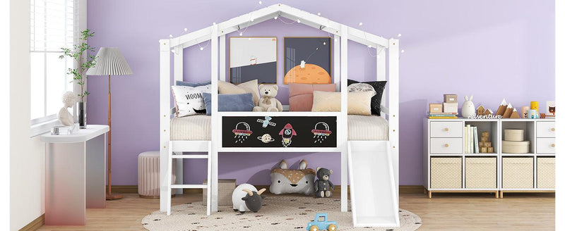 Twin Size Loft Bed with Ladder and Slide, House Bed with Blackboard and Light Strip on the Roof, White - Supfirm