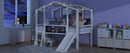 Twin Size Loft Bed with Ladder and Slide, House Bed with Blackboard and Light Strip on the Roof, White - Supfirm