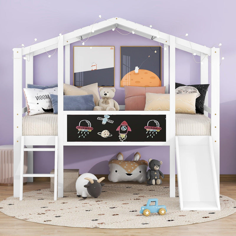 Twin Size Loft Bed with Ladder and Slide, House Bed with Blackboard and Light Strip on the Roof, White - Supfirm