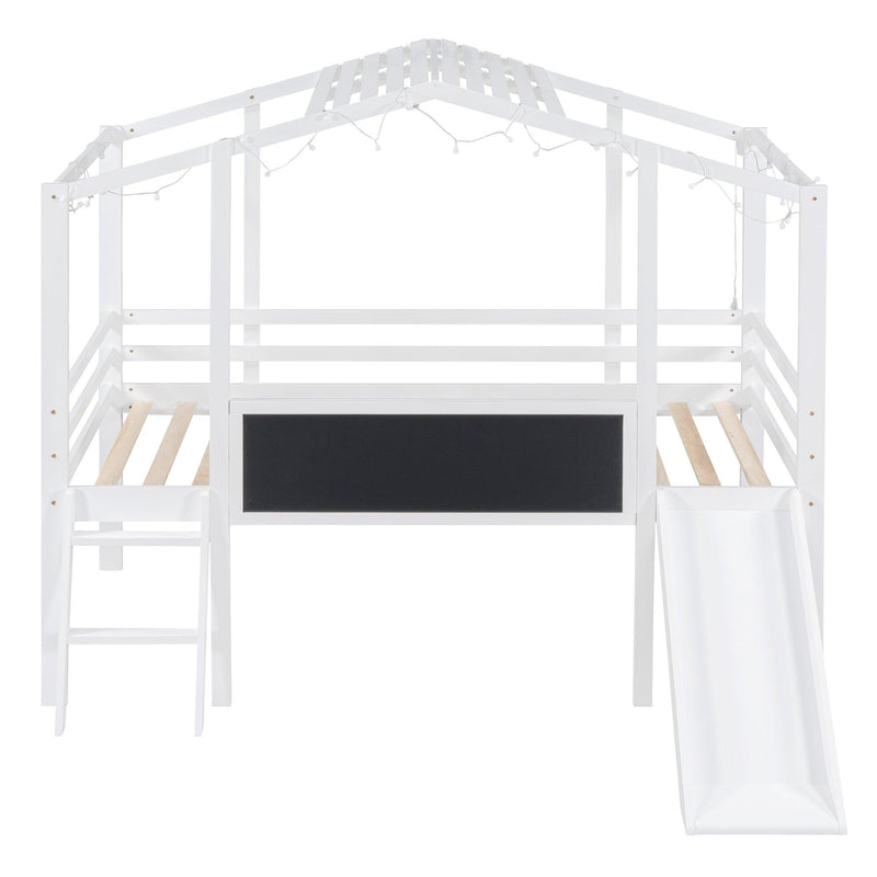 Twin Size Loft Bed with Ladder and Slide, House Bed with Blackboard and Light Strip on the Roof, White - Supfirm