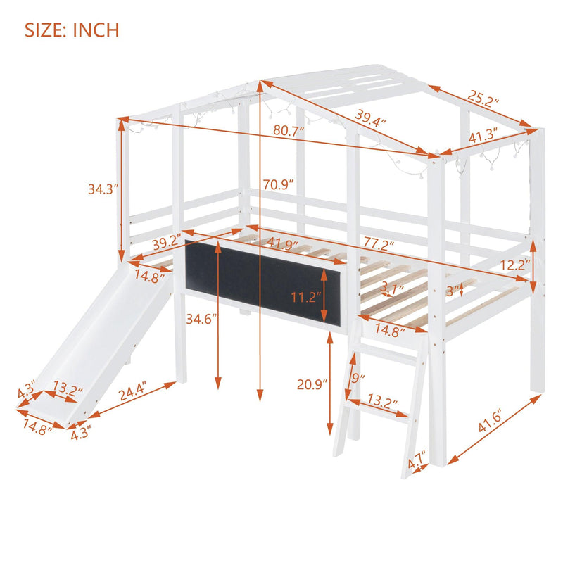 Twin Size Loft Bed with Ladder and Slide, House Bed with Blackboard and Light Strip on the Roof, White - Supfirm