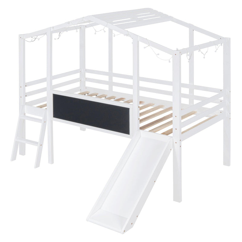 Twin Size Loft Bed with Ladder and Slide, House Bed with Blackboard and Light Strip on the Roof, White - Supfirm