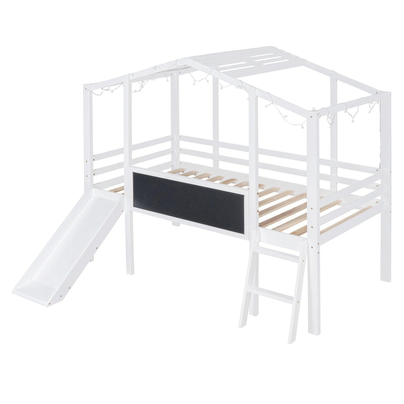 Twin Size Loft Bed with Ladder and Slide, House Bed with Blackboard and Light Strip on the Roof, White - Supfirm