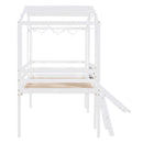 Twin Size Loft Bed with Ladder and Slide, House Bed with Blackboard and Light Strip on the Roof, White - Supfirm