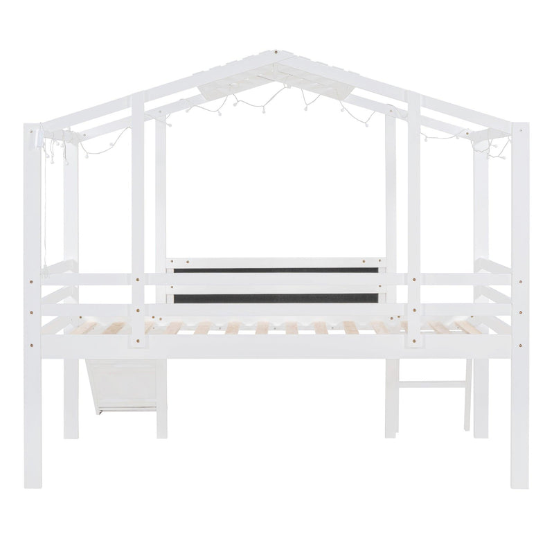 Twin Size Loft Bed with Ladder and Slide, House Bed with Blackboard and Light Strip on the Roof, White - Supfirm