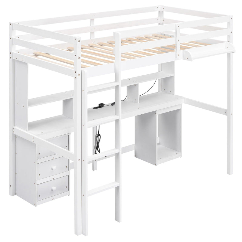 Twin Size Loft Bed with Multi-storage Desk, LED light and Bedside Tray, Charging Station, White - Supfirm