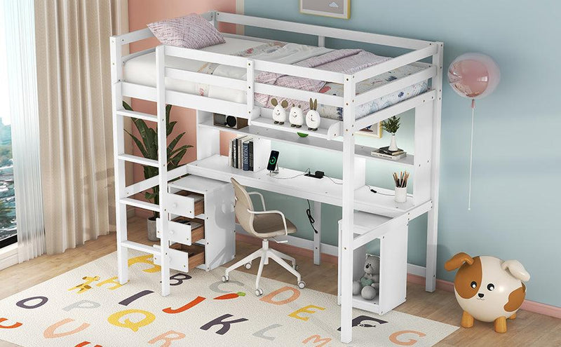 Twin Size Loft Bed with Multi-storage Desk, LED light and Bedside Tray, Charging Station, White - Supfirm