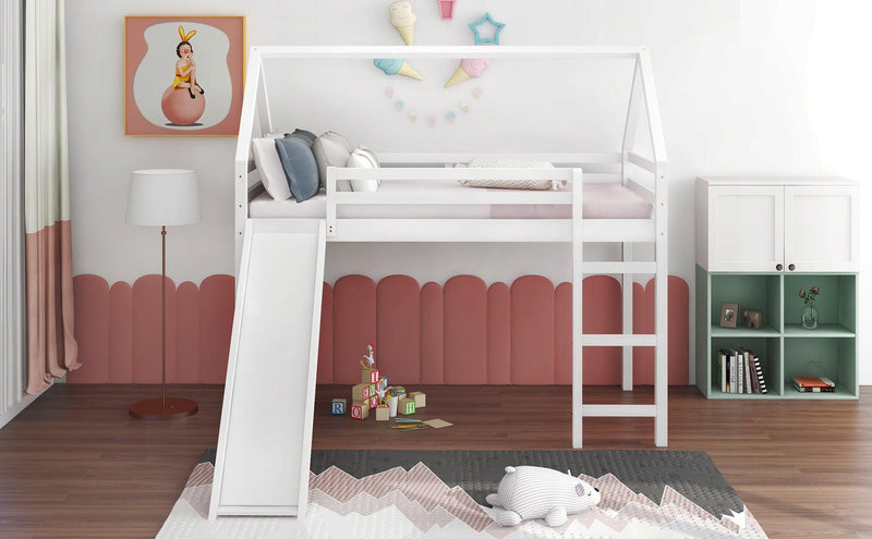 Twin Size Loft Bed with Slide, House Bed with Slide,White(OLD SKU :WF281158AAK) - Supfirm