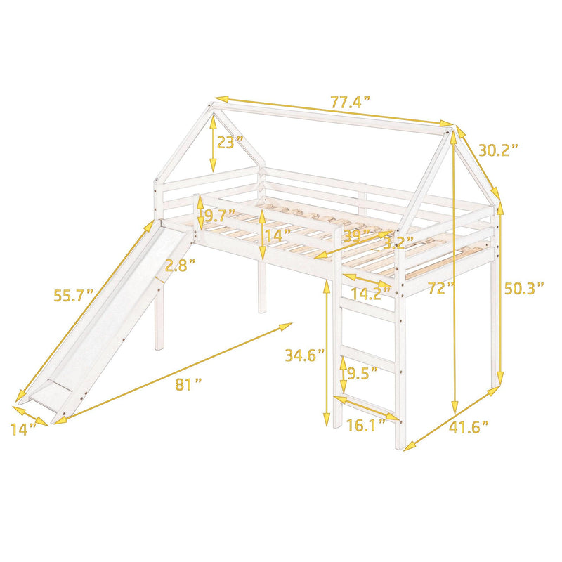 Twin Size Loft Bed with Slide, House Bed with Slide,White(OLD SKU :WF281158AAK) - Supfirm