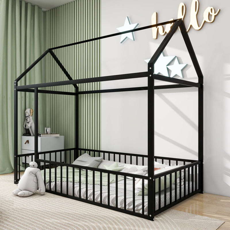 Twin Size Metal Bed House Bed Frame with Fence, for Kids, Teens, Girls, Boys, Black - Supfirm