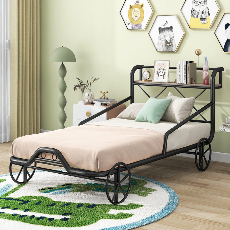 Twin Size Metal Car Bed with Four Wheels, Guardrails and X-Shaped Frame Shelf, Black(Old SKU: MF297599AAB) - Supfirm