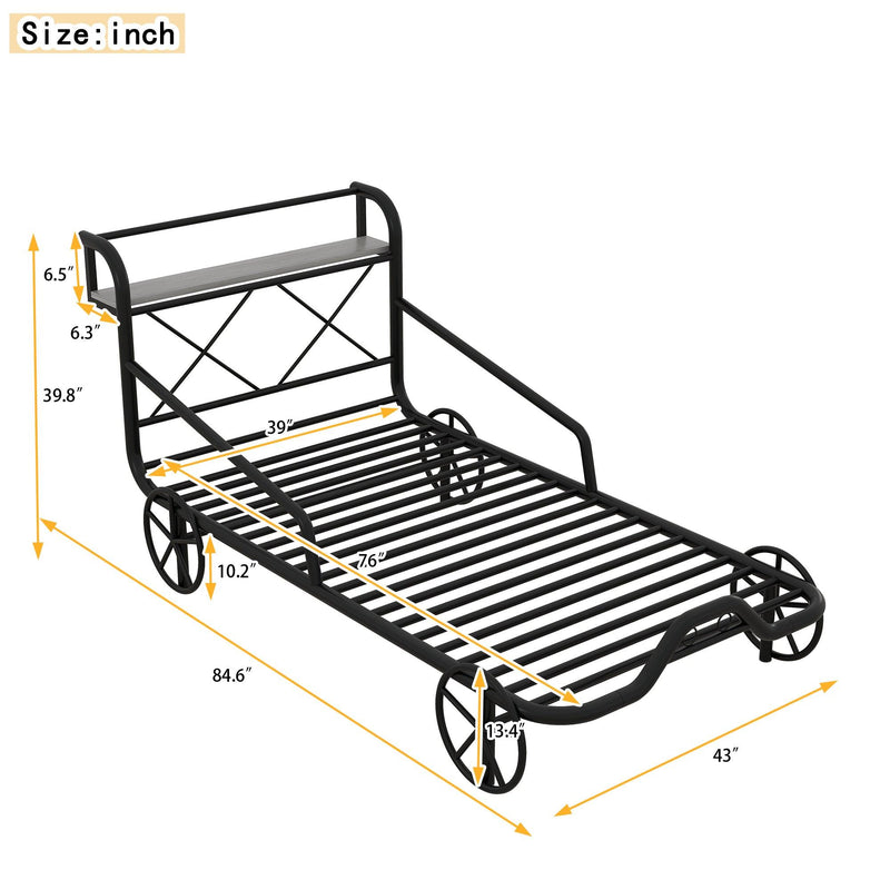 Twin Size Metal Car Bed with Four Wheels, Guardrails and X-Shaped Frame Shelf, Black(Old SKU: MF297599AAB) - Supfirm