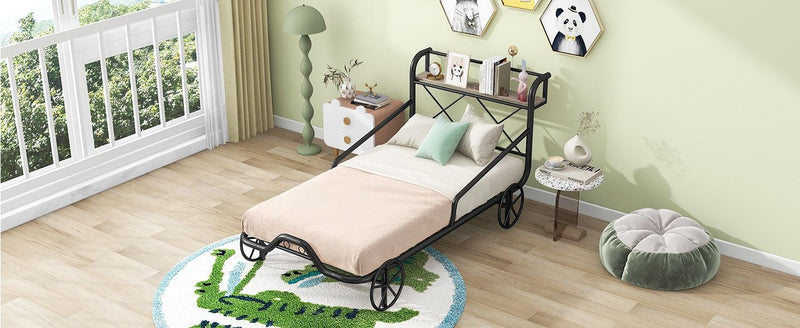 Twin Size Metal Car Bed with Four Wheels, Guardrails and X-Shaped Frame Shelf, Black(Old SKU: MF297599AAB) - Supfirm