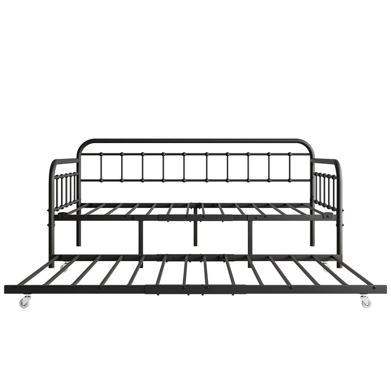 Twin Size Metal Daybed Frame with Trundle, Heavy Duty Steel Slat Support Sofa Bed Platform with Headboard, No Box Spring Needed, Black - Supfirm