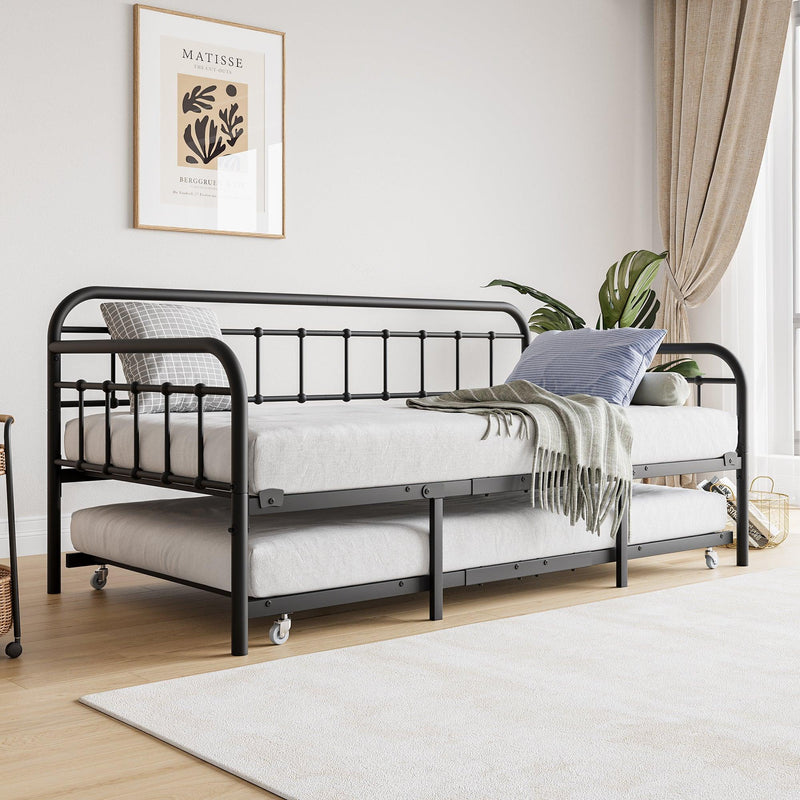 Twin Size Metal Daybed Frame with Trundle, Heavy Duty Steel Slat Support Sofa Bed Platform with Headboard, No Box Spring Needed, Black - Supfirm