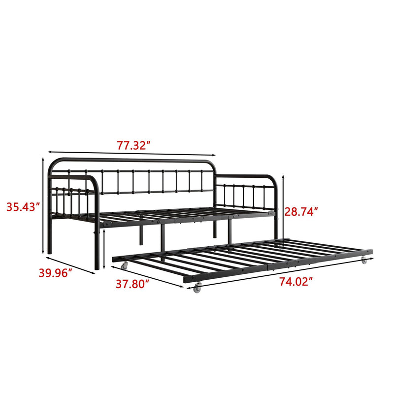 Twin Size Metal Daybed Frame with Trundle, Heavy Duty Steel Slat Support Sofa Bed Platform with Headboard, No Box Spring Needed, Black - Supfirm