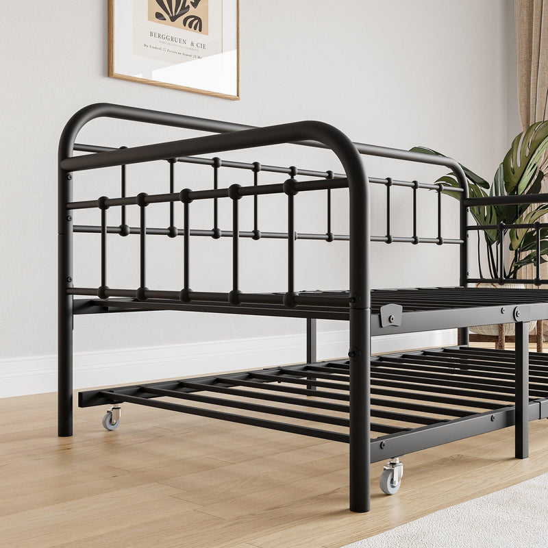 Twin Size Metal Daybed Frame with Trundle, Heavy Duty Steel Slat Support Sofa Bed Platform with Headboard, No Box Spring Needed, Black - Supfirm