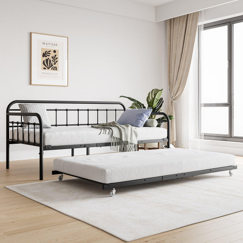 Twin Size Metal Daybed Frame with Trundle, Heavy Duty Steel Slat Support Sofa Bed Platform with Headboard, No Box Spring Needed, Black - Supfirm