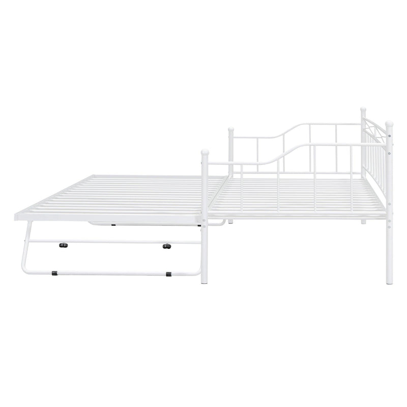 Twin Size Metal Daybed with Twin Size Adjustable Trundle, Portable Folding Trundle, White - Supfirm