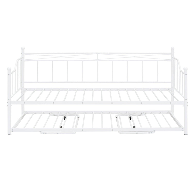 Twin Size Metal Daybed with Twin Size Adjustable Trundle, Portable Folding Trundle, White - Supfirm