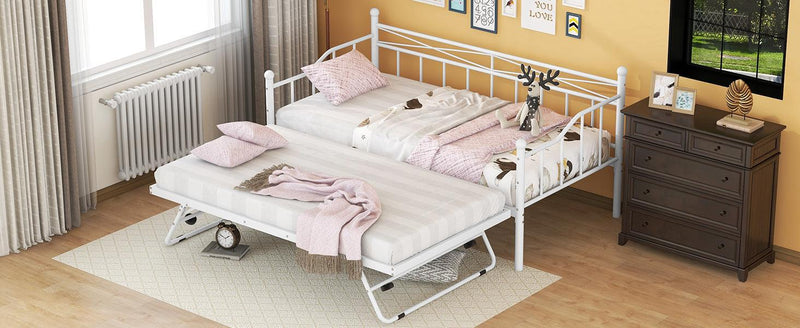 Twin Size Metal Daybed with Twin Size Adjustable Trundle, Portable Folding Trundle, White - Supfirm