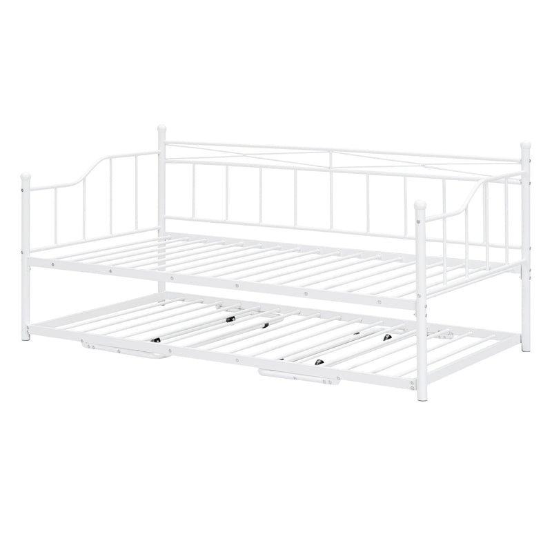 Twin Size Metal Daybed with Twin Size Adjustable Trundle, Portable Folding Trundle, White - Supfirm