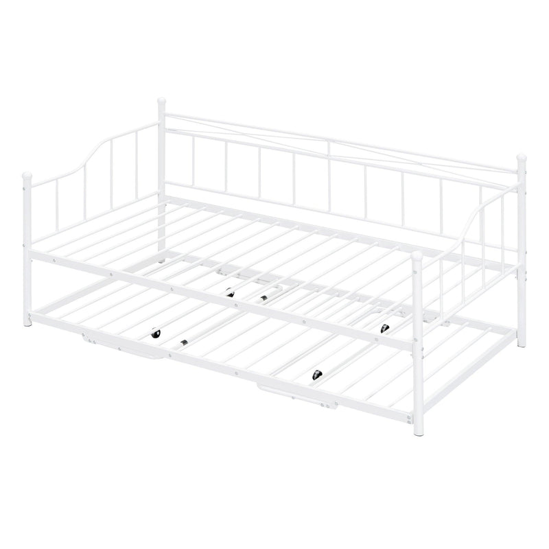 Twin Size Metal Daybed with Twin Size Adjustable Trundle, Portable Folding Trundle, White - Supfirm