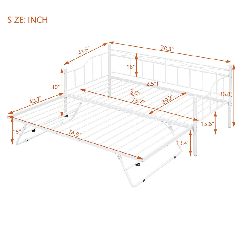 Twin Size Metal Daybed with Twin Size Adjustable Trundle, Portable Folding Trundle, White - Supfirm