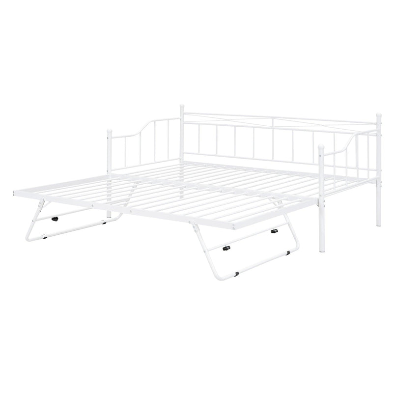 Twin Size Metal Daybed with Twin Size Adjustable Trundle, Portable Folding Trundle, White - Supfirm