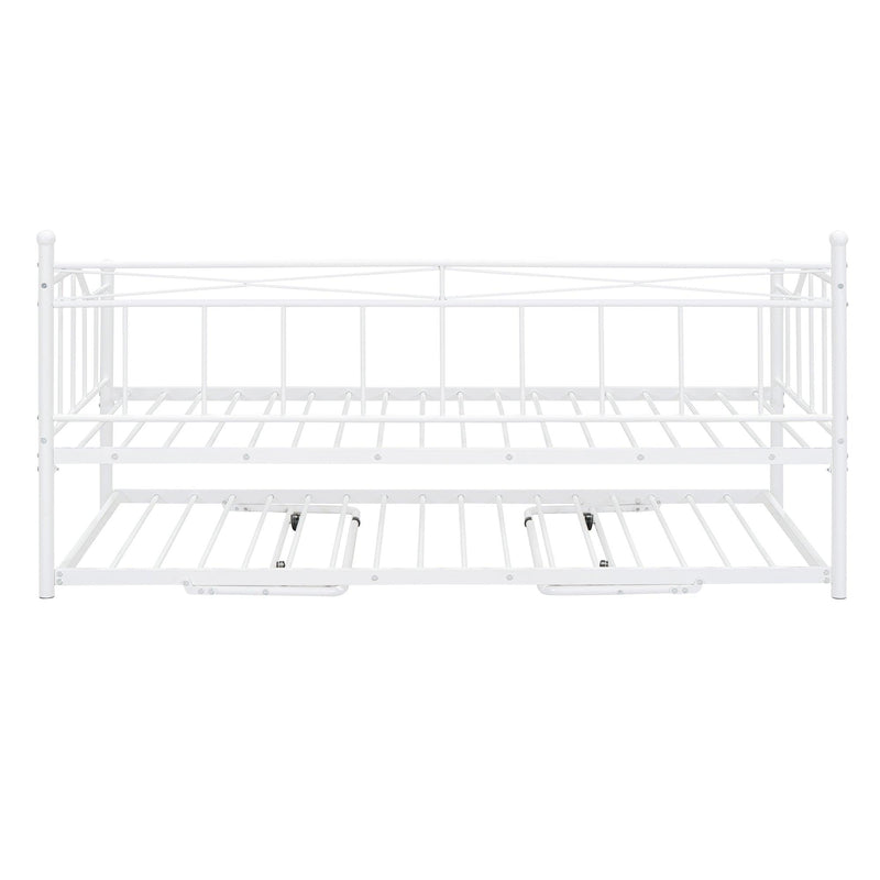 Twin Size Metal Daybed with Twin Size Adjustable Trundle, Portable Folding Trundle, White - Supfirm