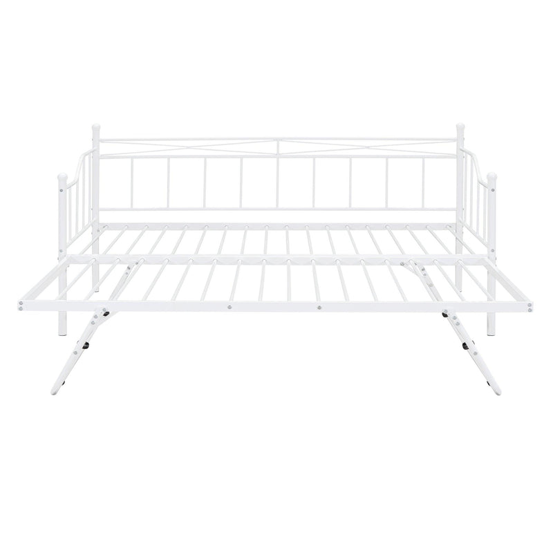 Twin Size Metal Daybed with Twin Size Adjustable Trundle, Portable Folding Trundle, White - Supfirm