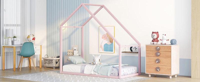 Twin Size Metal House Bed Kids Bed, Pink - Supfirm