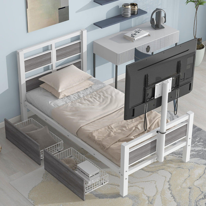 Twin Size Metal Platform Bed with MDF Headboard and Footboard,Two Storage Drawers and Rotatable TV Stand,White - Supfirm